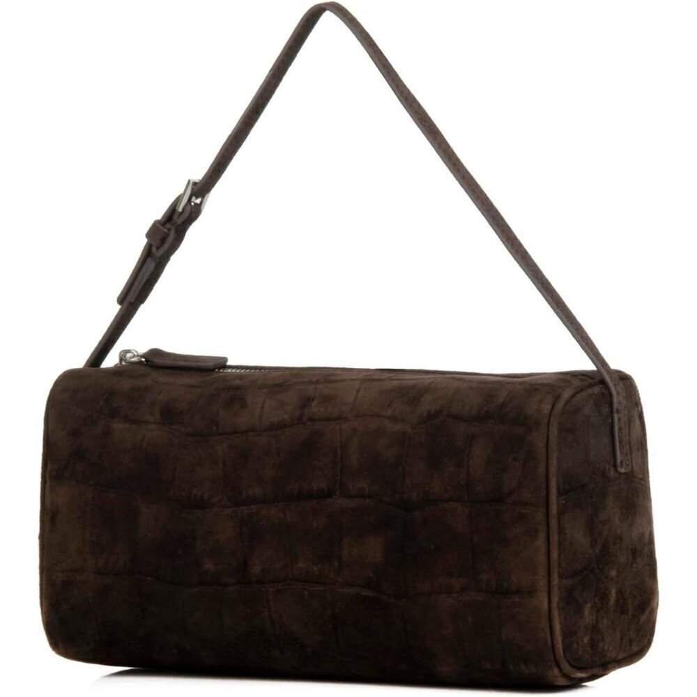 women Dark Coffee Embosed Suede Leather Small Shoulder Bag with Adjustable strap
